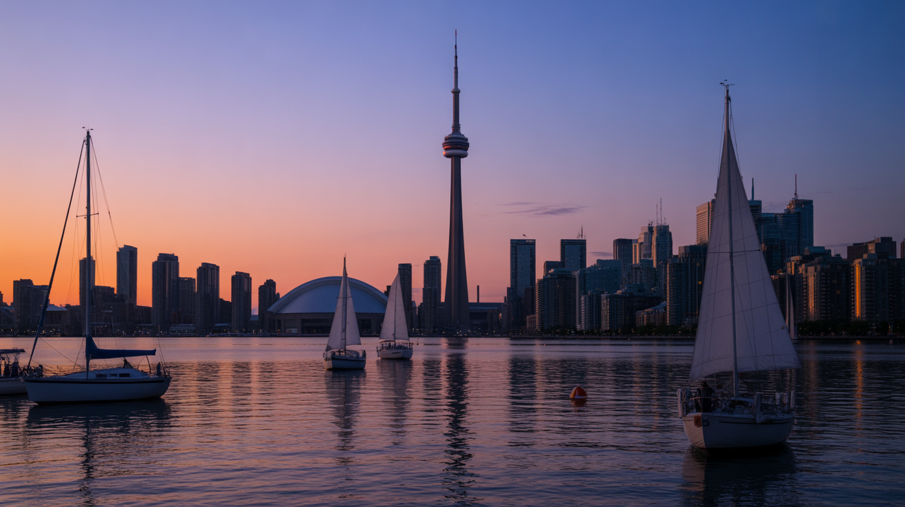 Dusk at Toronto's harbourfront with boats and the CN Tower