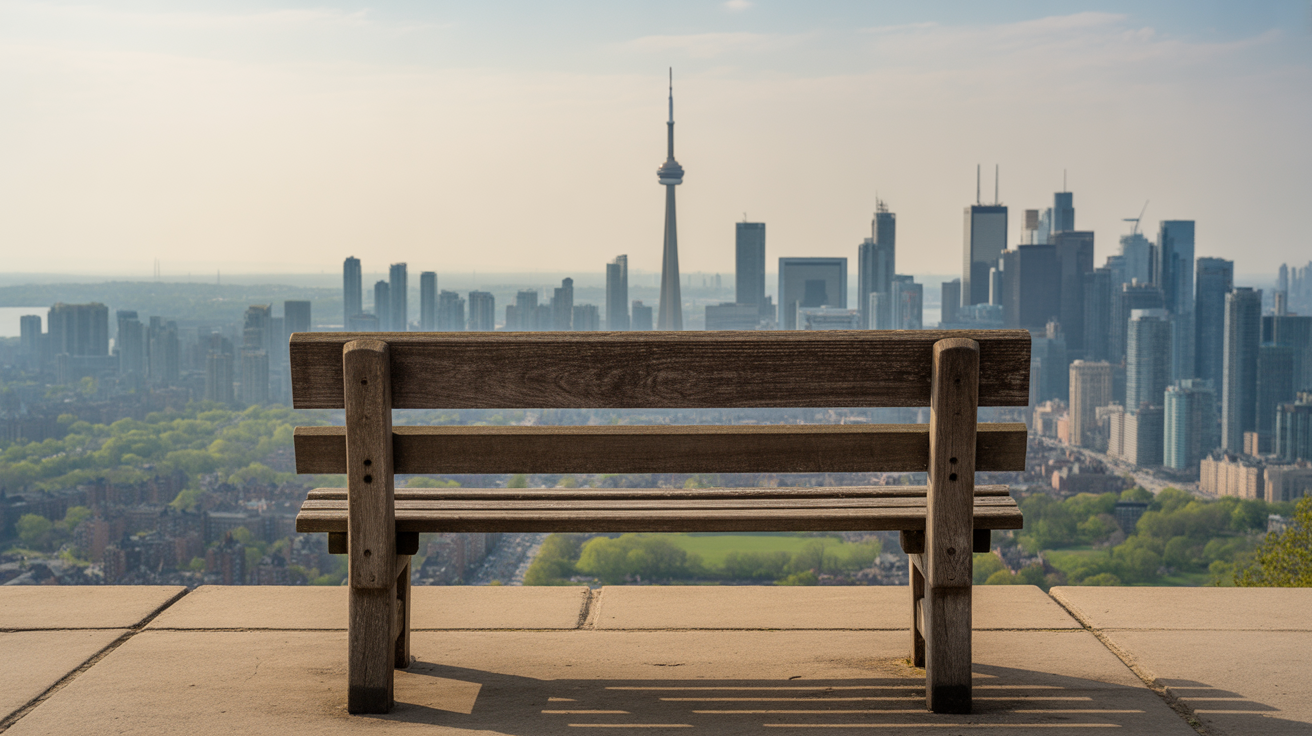 A park bench overlooking the Toronto skyline with the CN Tower