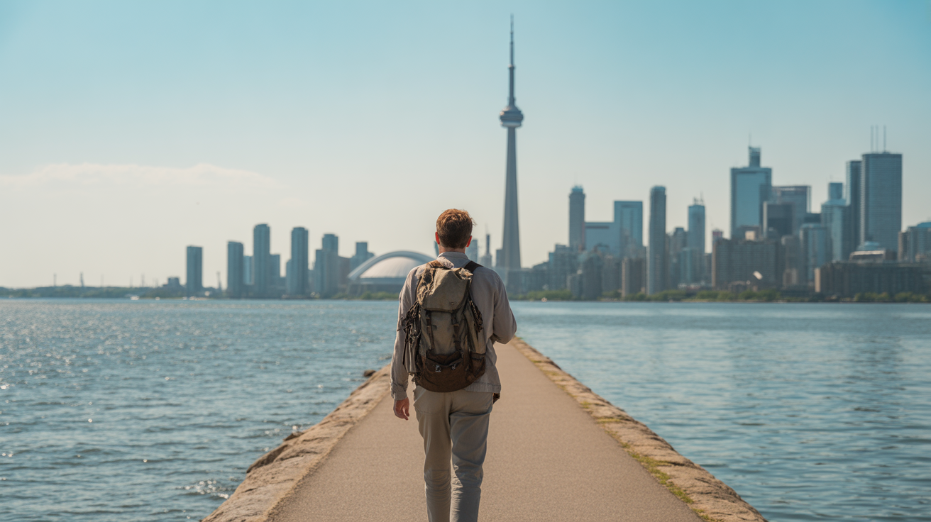 A newcomer looking out at the Toronto skyline from a waterfront path