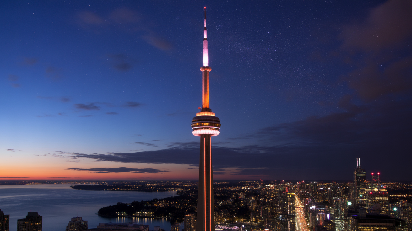 The CN Tower lit up against the Toronto night sky