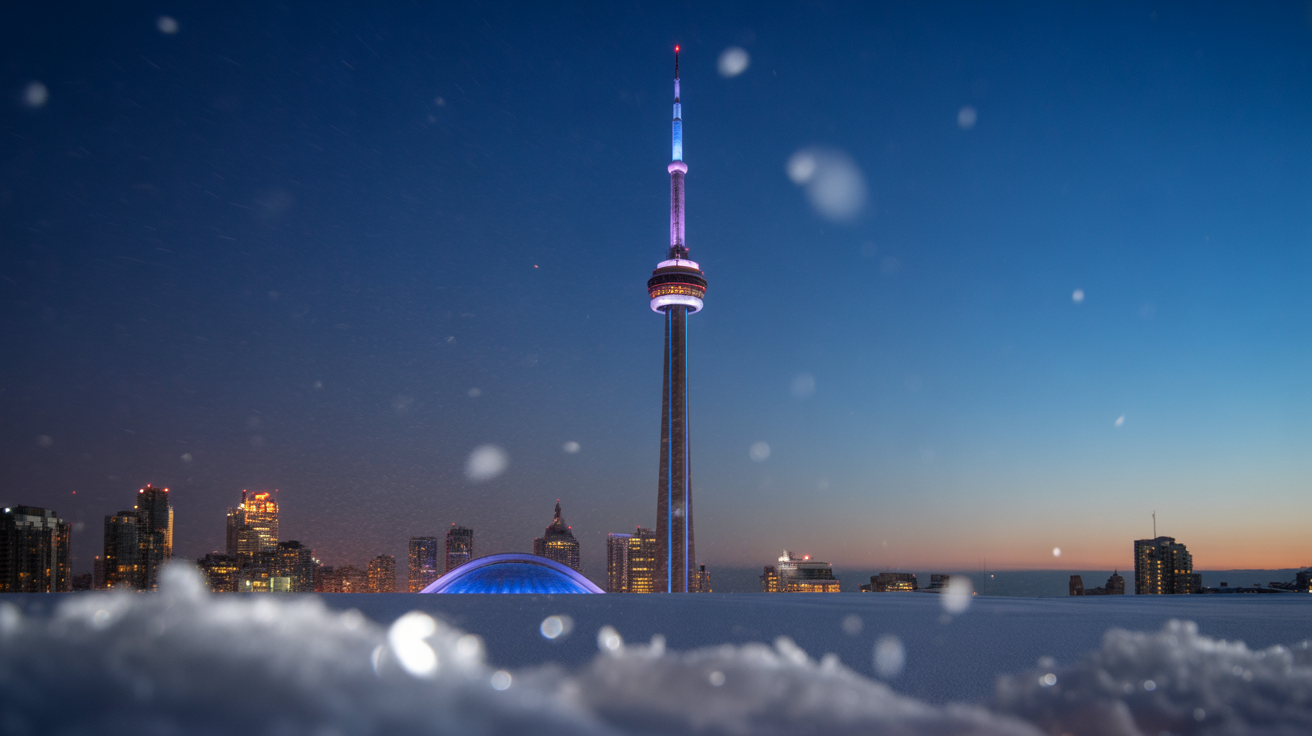 The CN Tower lit up on a winter night in Toronto