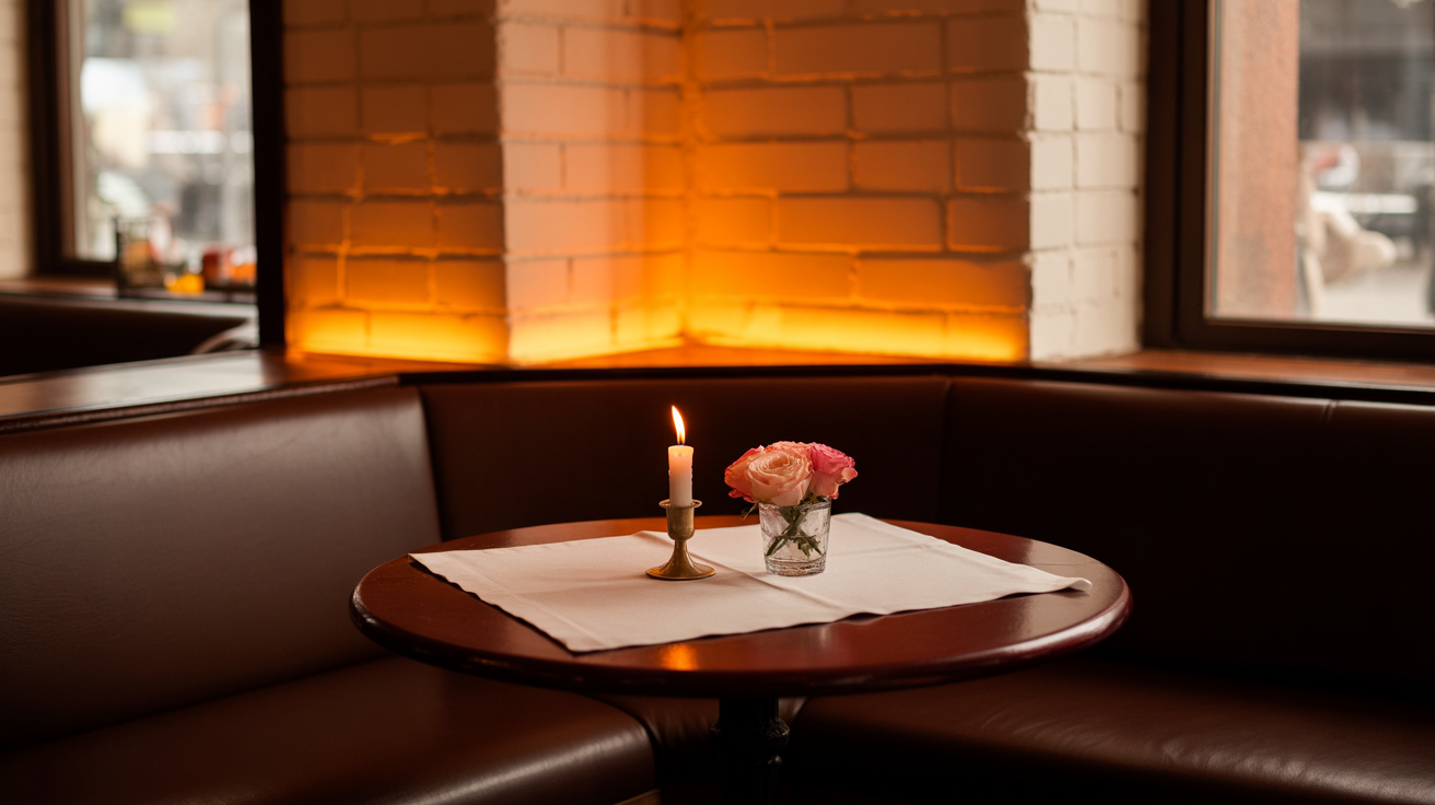 A cozy restaurant interior in Toronto during golden hour