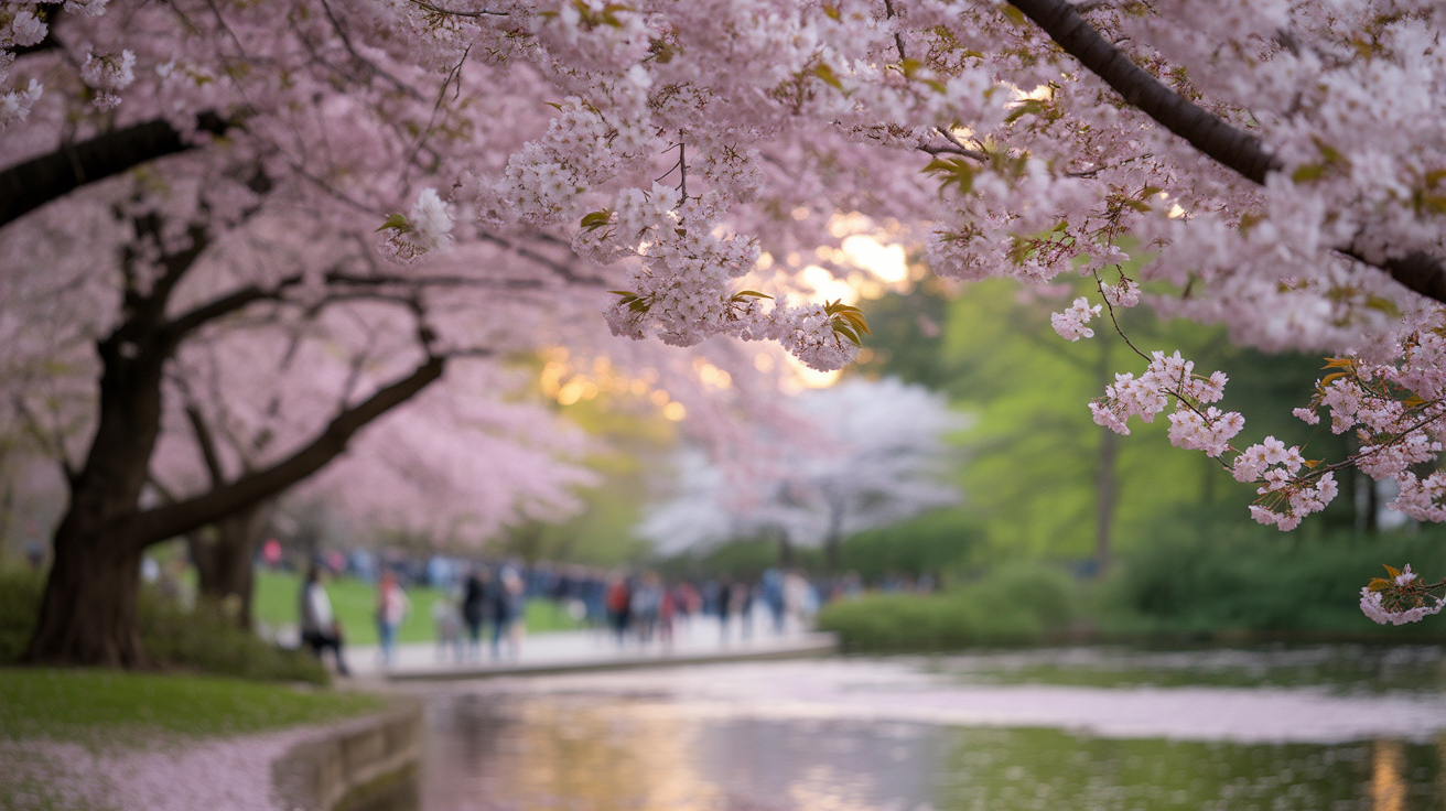 Cherry blossoms and spring crowds at a Toronto park