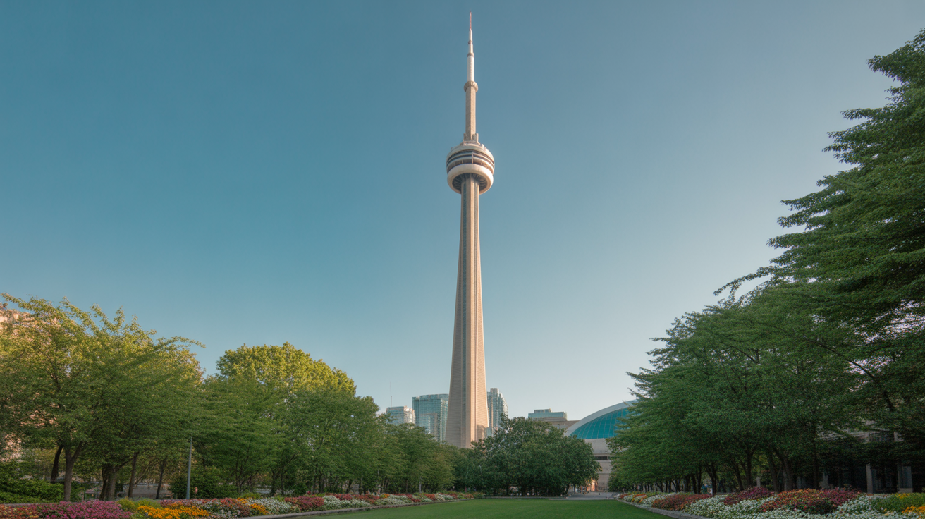 Toronto's iconic CN Tower viewed from a park